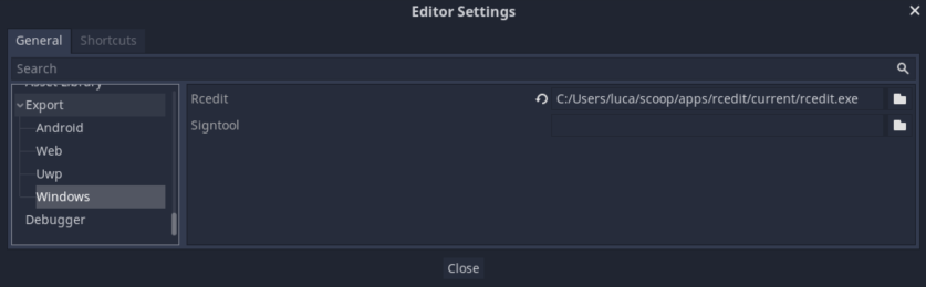 Godot Editor Settings: rcedit